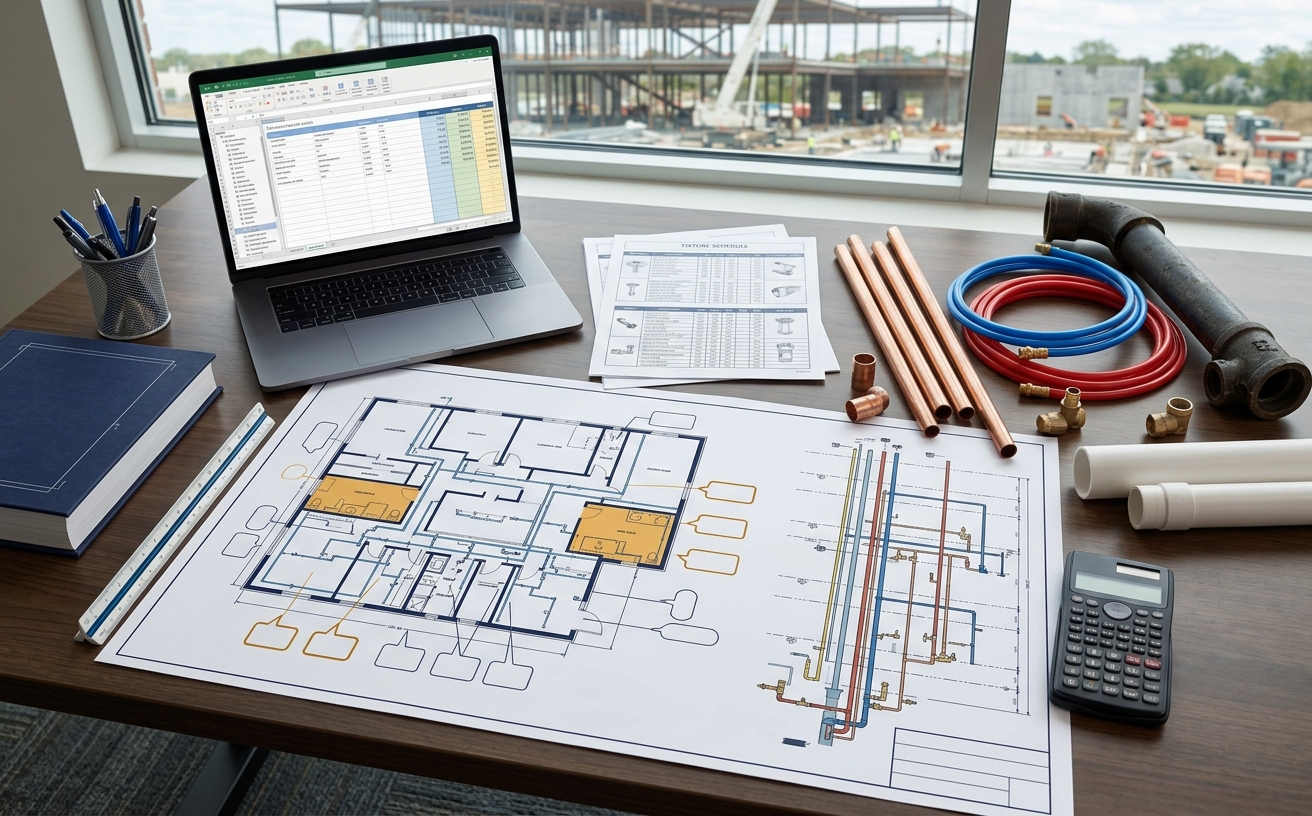 Plumbing estimate workbook with color-coded plans, riser diagrams, piping and fixture quantities, labor hours, costs, and scope notes