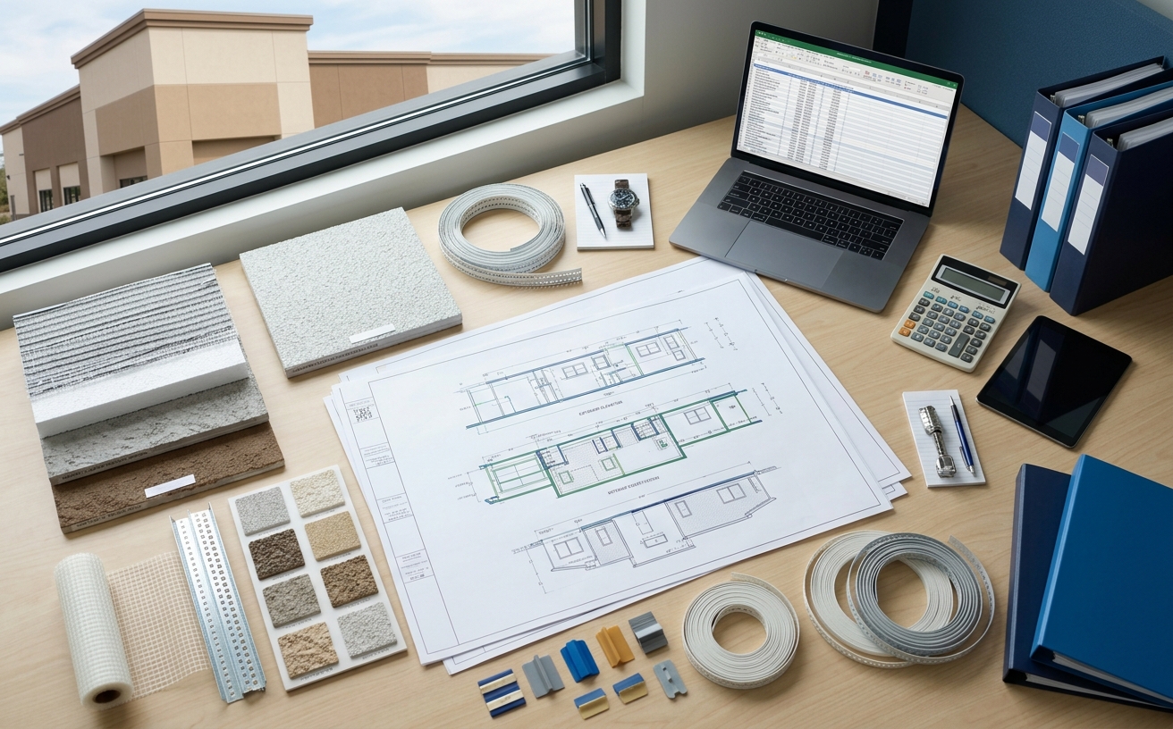 Stucco estimating deliverables with plaster and EIFS quantities, finish areas, accessories, labor costs, assumptions, and marked-up elevations